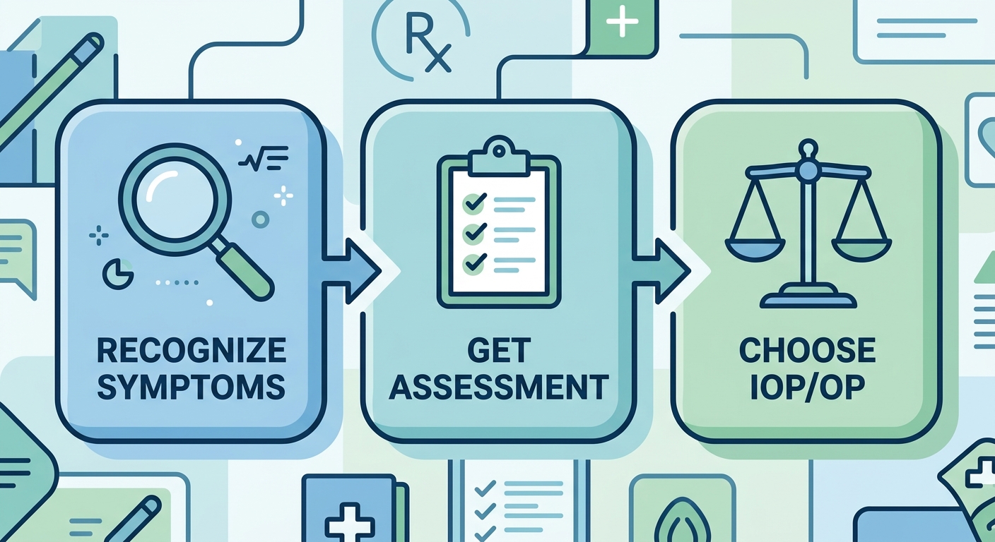 Horizontal process flow with three stages: Recognize Symptoms, Get Professional Assessment, and Choose IOP or OP, each with an icon and arrow connections, using calming blue and green colors for mental health treatment decision-making.