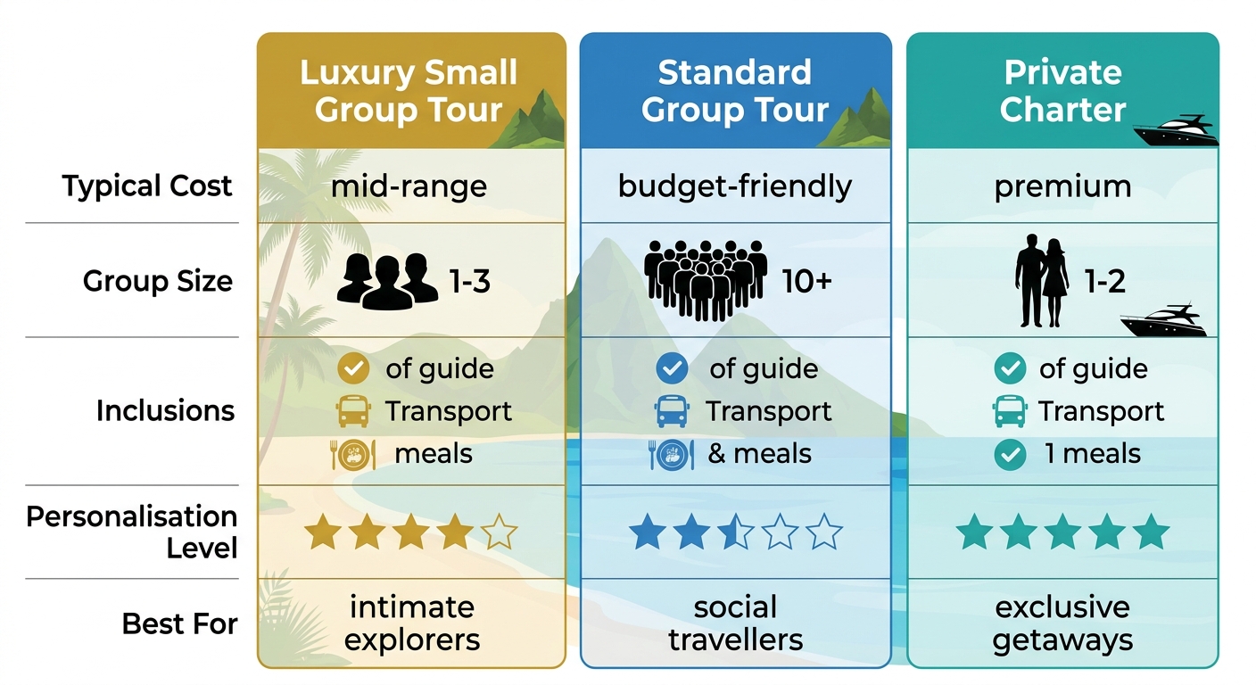 Comparison infographic showing differences between luxury small group tours, standard group tours, and private charters in Saint Lucia.
