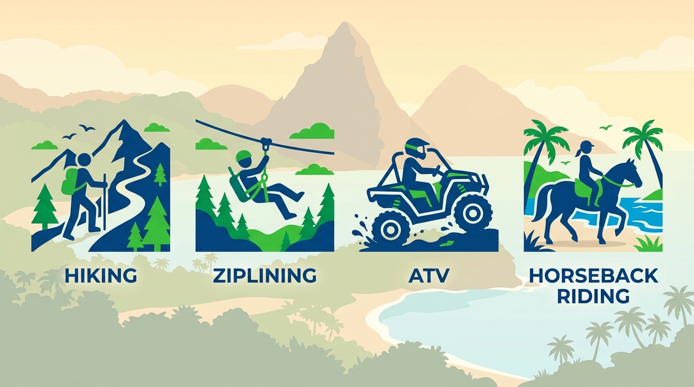 Infographic showing four adventure tour types in Saint Lucia: hiking, ziplining, ATV, and horseback riding, each with a corresponding icon and label against a landscape silhouette background with blue and green brand colors.