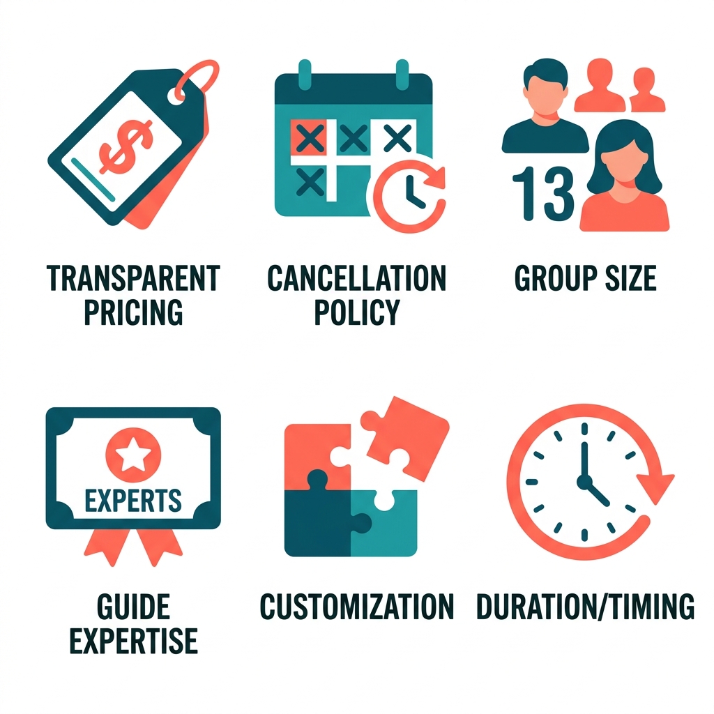 Grid of six flat icons in teal and coral representing transparent pricing, cancellation policy, group size, guide expertise, customization, and duration, with labels below.