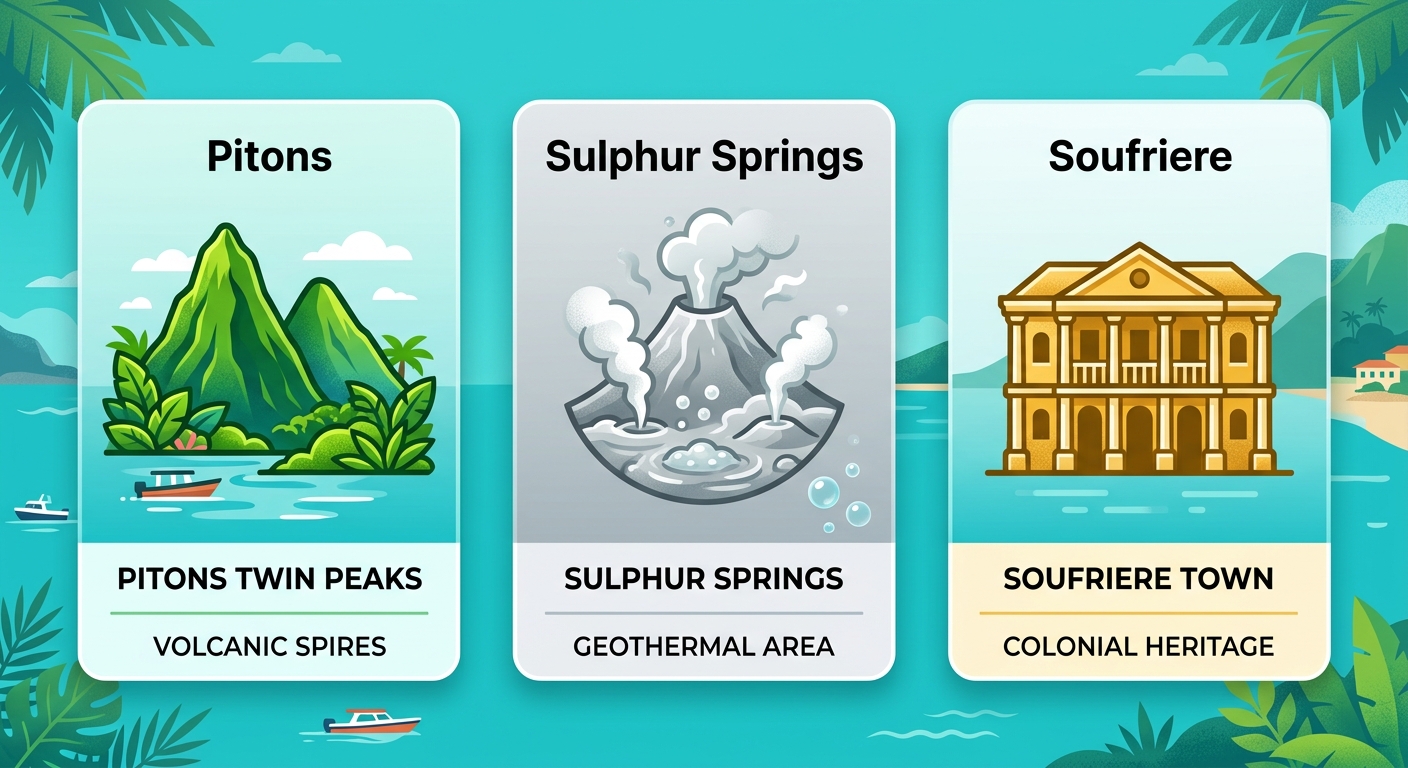 Infographic with three sections for Saint Lucia sightseeing tours: Pitons twin peaks, Sulphur Springs drive-in volcano, and Soufriere colonial town with botanical garden. Each section has a stylized icon and short label on a tropical background.