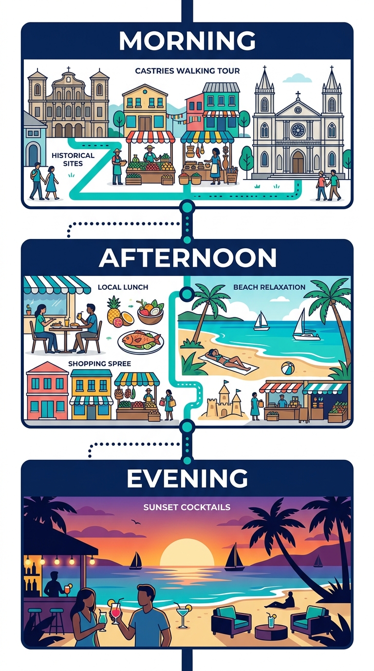 Vertical timeline showing a same-day itinerary from Castries to Rodney Bay with morning walking tour, afternoon beach and shopping, and evening sunset cocktails.