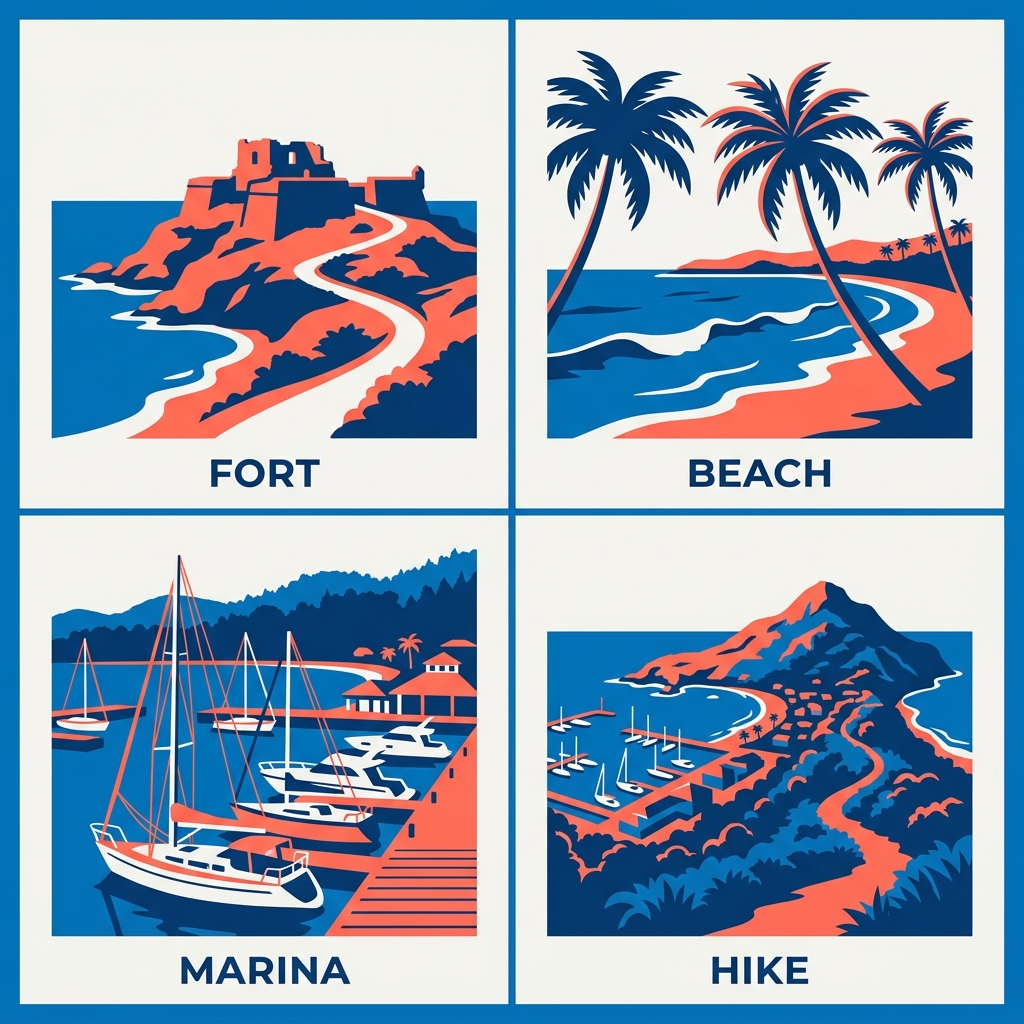 A 2x2 grid of four flat icons representing top outdoor attractions near Rodney Bay: a stone fort for Pigeon Island, a palm tree and waves for Reduit Beach, a sailboat for Rodney Bay Marina, and a mountain for Mount Pimard summit hike. Icons are blue and coral on a light background.