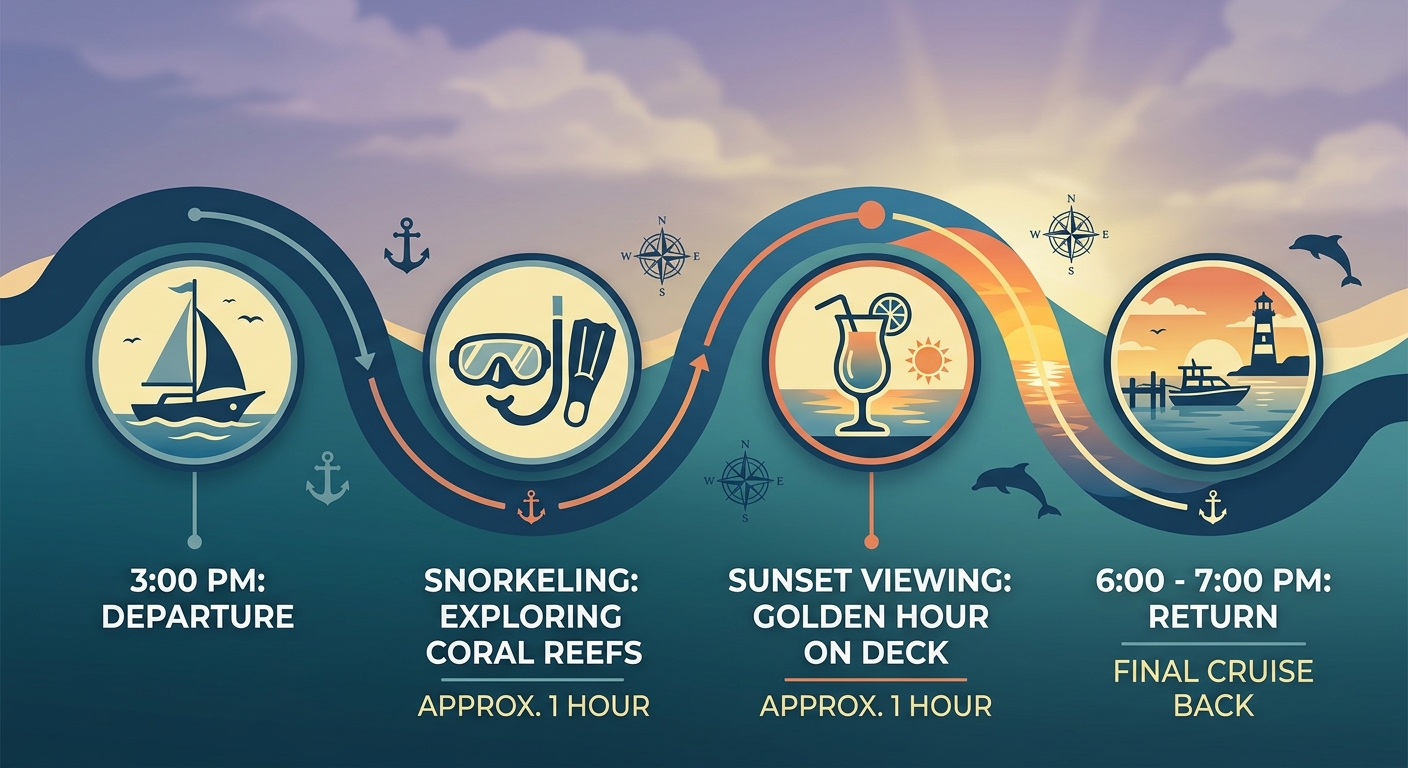 Horizontal timeline for a sunset cruise and snorkeling adventure in Saint Lucia, with four stages departure, snorkeling, sunset viewing, and return, marked by wave path and circular icons.