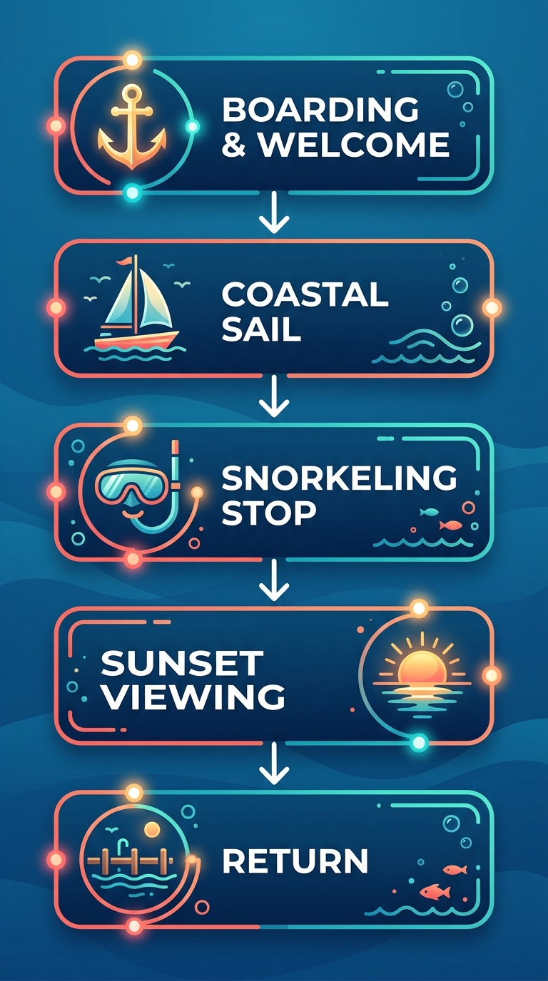 Vertical process-flow diagram showing five stages of a catamaran sunset cruise and snorkeling tour: boarding, coastal sail, snorkeling stop, sunset viewing, and return, with icons and connecting arrows.
