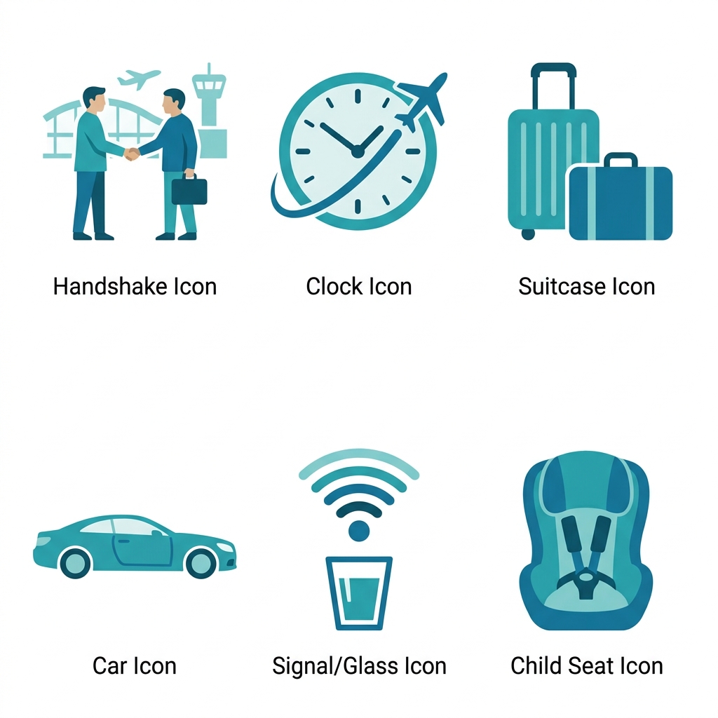 Six icons representing airport transfer inclusions: meet-and-greet, flight tracking, luggage assistance, premium vehicles, onboard Wi-Fi and water, and child safety seats, in teal and blue on white.
