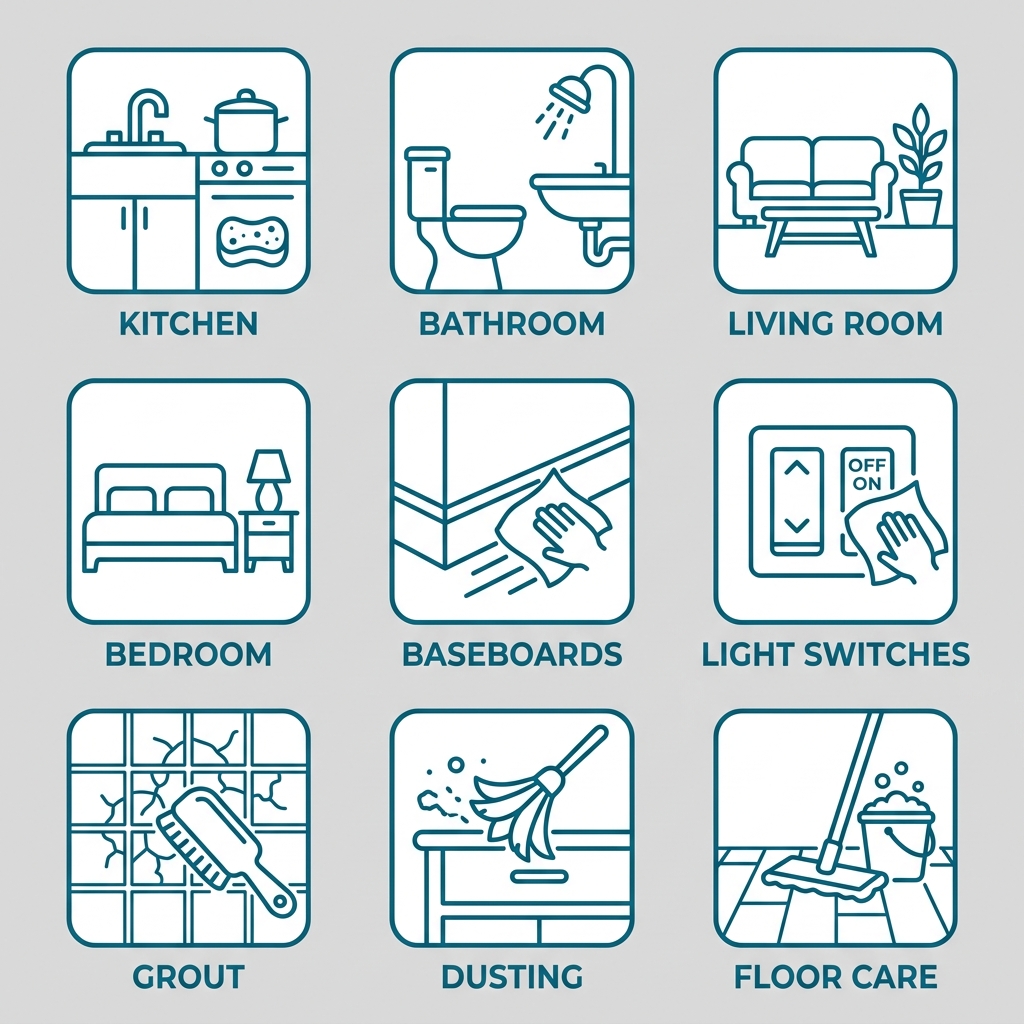 Grid of nine cleaning area icons including kitchen, bathroom, living room, bedroom, baseboards, light switches, grout, dusting, and floor care, representing the 55-Point Checklist for thorough house cleaning services.