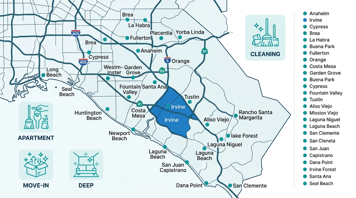 Stylized map of Orange County with Irvine highlighted in brand blue, featuring 28 city markers and four service icons for cleaning services including Airbnb, apartment, move-in/move-out, and deep cleaning.