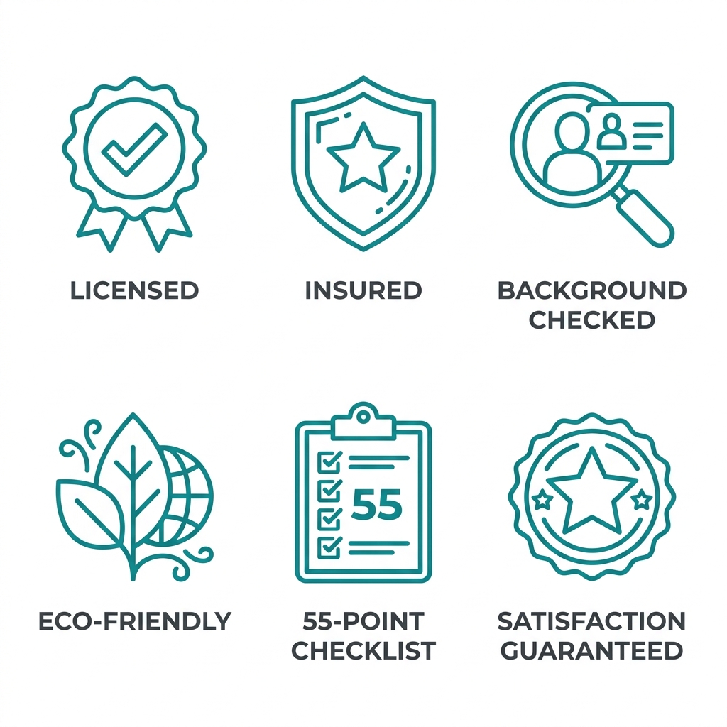 Six outline icons representing trust factors: Licensed, Insured, Background Checked, Eco-Friendly, 55-Point Checklist, and Satisfaction Guaranteed.