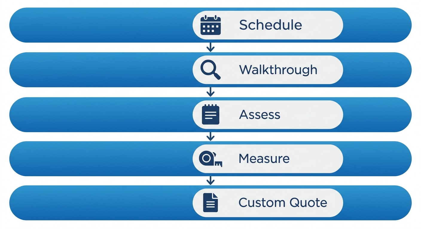 Vertical process flow illustration of Art's Cleaning Services on-site inspection, featuring five steps with icons: Schedule, Walkthrough, Assess, Measure, and Custom Quote.