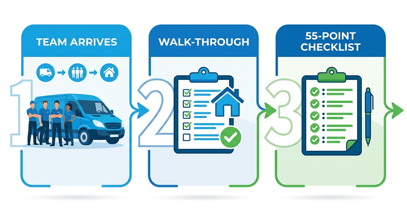 Three-step process diagram showing team arrival, walk-through, and 55-point checklist for cleaning service.