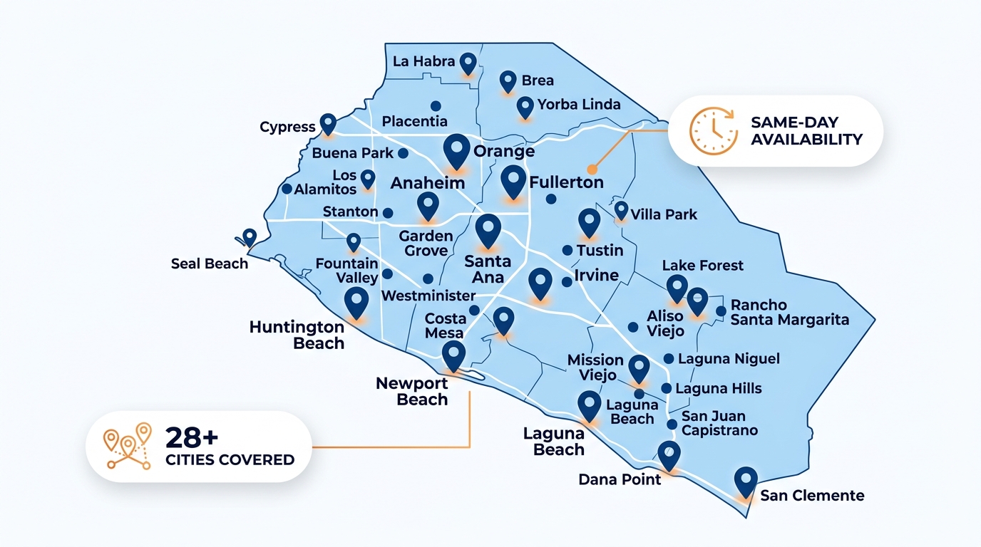 Infographic map of Orange County with blue pins marking 28+ cities served by Art's Cleaning Services, including Irvine, Anaheim, Santa Ana, Newport Beach, and more, with callouts for same-day availability.