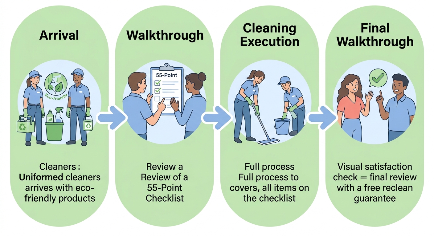 Process diagram showing four steps of a cleaning visit: team arrival, walkthrough with 55-Point Checklist, cleaning execution, and final walkthrough for Art's Cleaning Services.