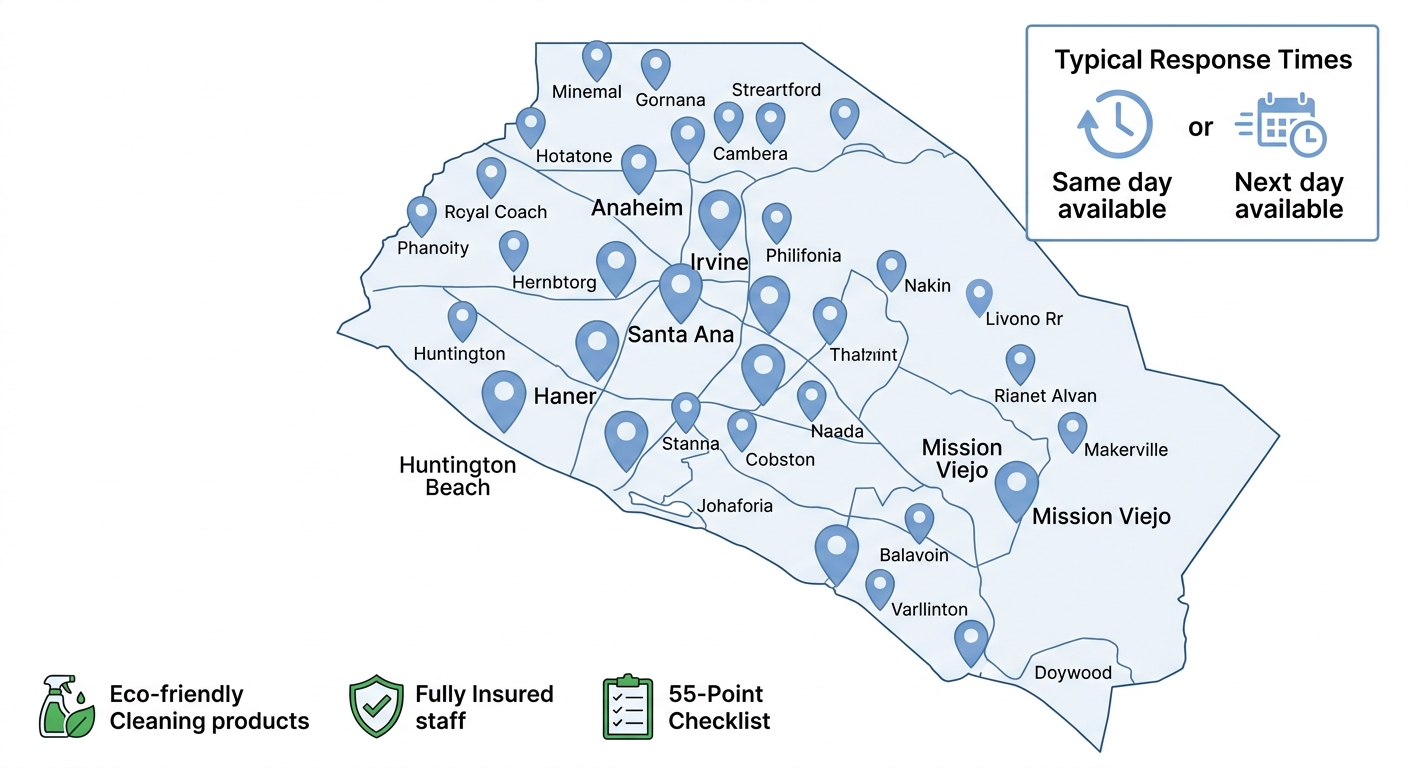 Orange County map infographic with over 28 city markers, response time inset, and icons for eco-friendly products, insured staff, and 55-Point Checklist for Art's Cleaning Services.