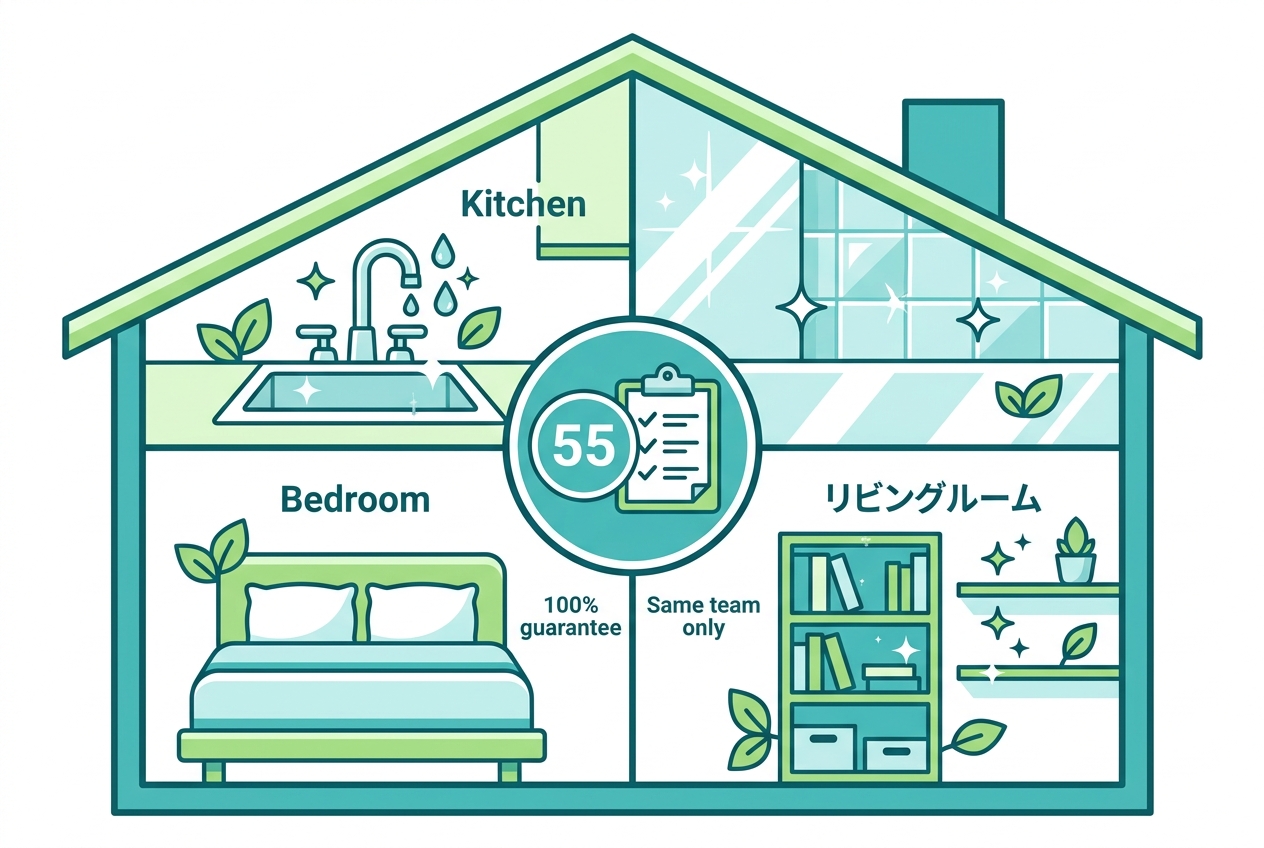 House-shaped infographic illustrating room-by-room cleaning services with icons for kitchen, bathroom, bedroom, and living room, a central 55-Point Checklist badge, and eco-friendly leaf symbols in teal, light green, and white.
