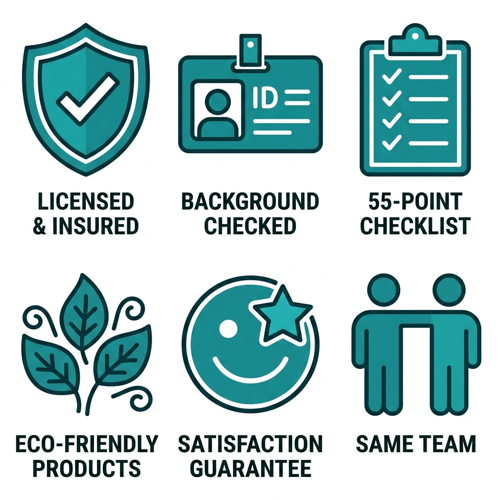 Six professional icons arranged in a 2x3 grid representing trust-building aspects of a house cleaning service: a shield with checkmark for licensed and insured, an ID badge for background-checked staff, a checklist for the 55-Point Checklist, a leaf for eco-friendly products, a smiley face with a star for satisfaction guarantee, and two figures for consistent same-team service, each with a short label below in teal and white design.