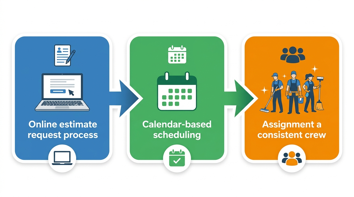 Three-step horizontal process flow for starting a recurring house cleaning plan in Irvine