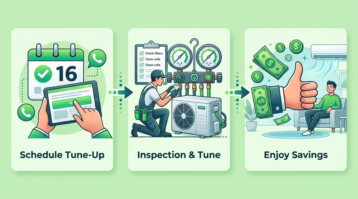 Three-step infographic showing how to start regular professional AC care: schedule a tune-up, receive a thorough inspection and tune-up, and enjoy reliable cooling and energy savings, with green accent design and no numerical claims.