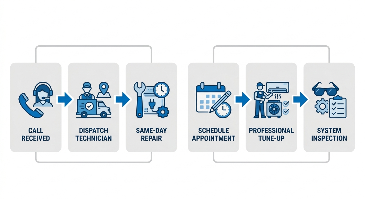 Dual-path process flow illustrating emergency AC repair steps and routine maintenance steps for Coolbreeze Comfort Solutions HVAC services in Tucson.