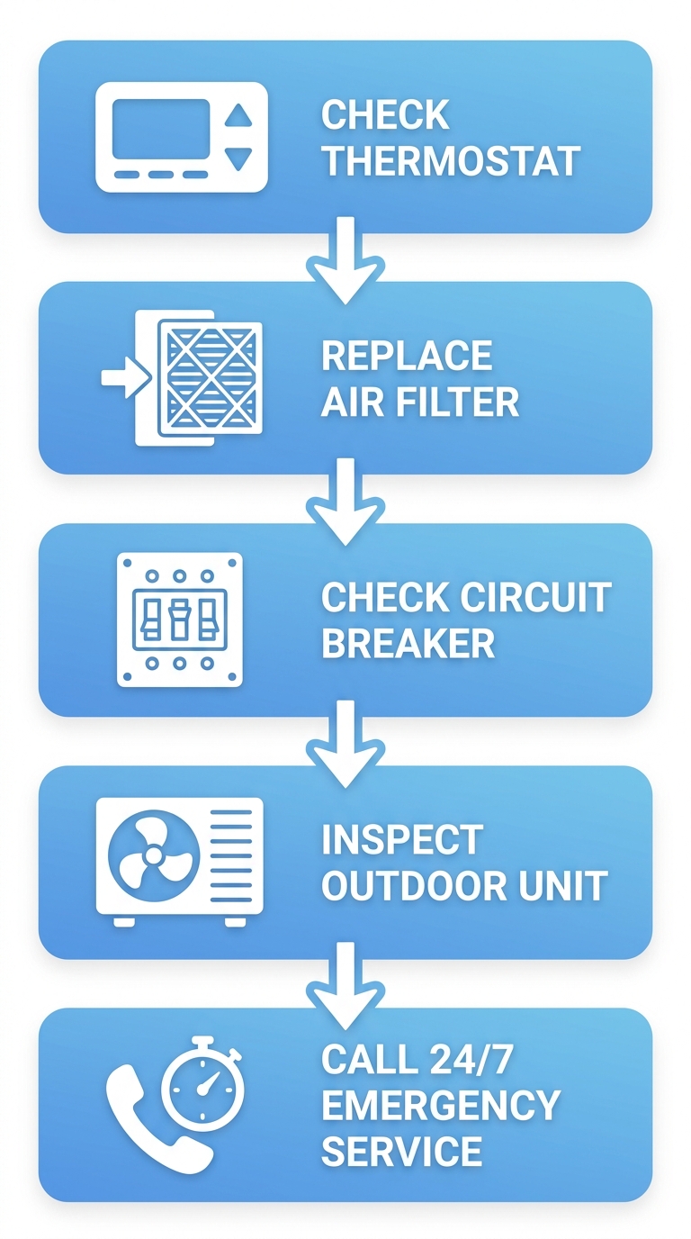 Five-step vertical process flow diagram illustrating steps for homeowners when AC fails: check thermostat, replace air filter, check circuit breaker, inspect outdoor unit, and call 24/7 emergency service, with icons and downward arrows.