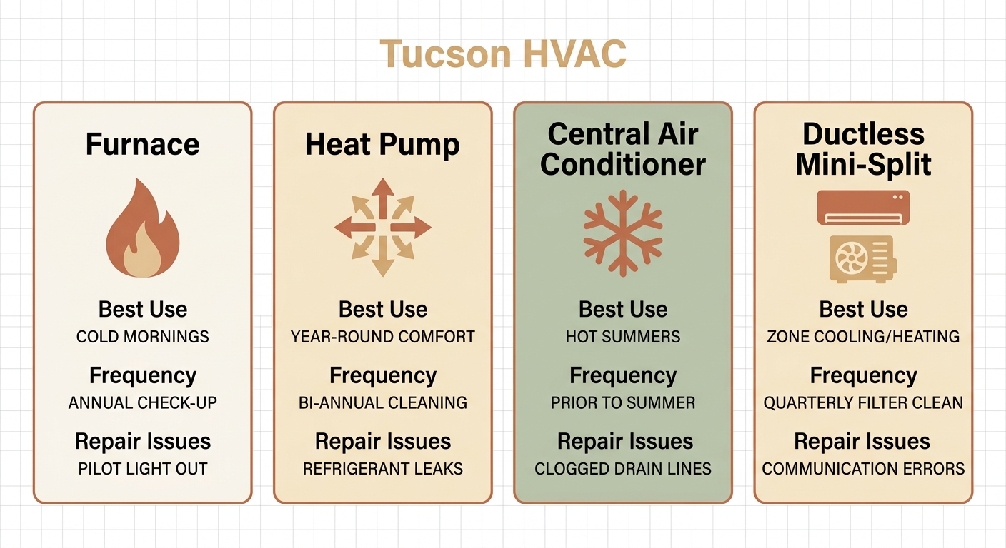 Infographic comparing four HVAC system types for Tucson homes: furnace, heat pump, central air conditioner, and ductless mini-split