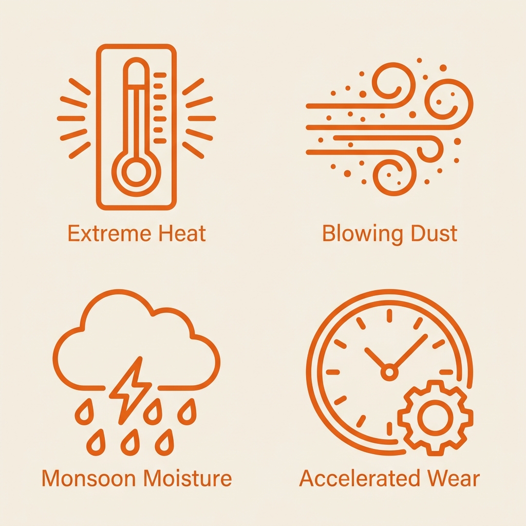 Four square icons arranged in a 2x2 grid representing unique climate factors affecting HVAC repair in Tucson