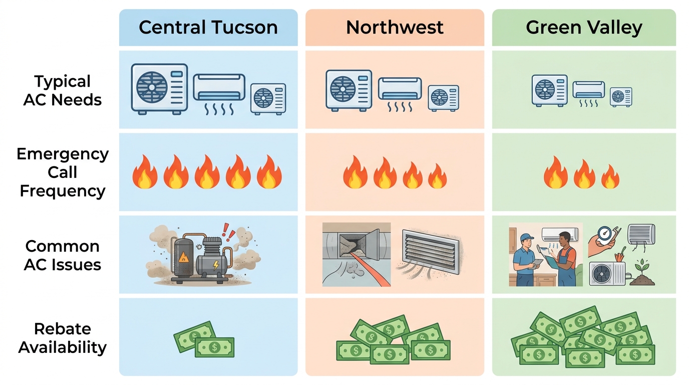 Three-column comparison infographic showing HVAC service differences in Central Tucson, Northwest, and Green Valley, with icons for AC needs, emergency calls, common issues, and rebates.