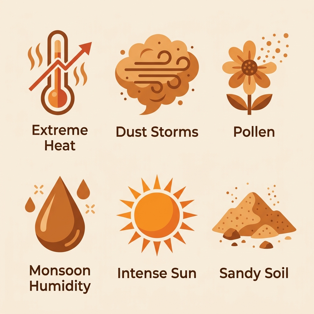 Six flat design icons arranged in a 2x3 grid illustrating Arizona climate challenges for AC: extreme heat, dust storms, pollen, monsoon humidity, intense sun, and sandy soil in desert tones on beige background.