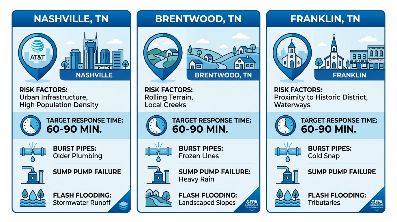 Three-panel infographic comparing water damage risks in Middle Tennessee cities, showing local risk factors, response times, and common causes for Nashville, Brentwood, and Franklin, with a blue-white palette and map icons.