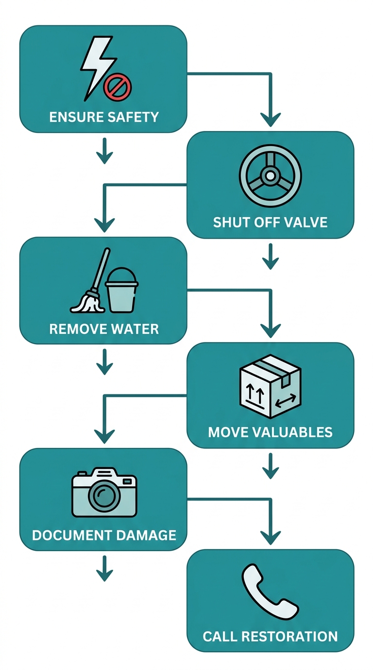 Vertical six-step process flow diagram for water damage restoration, steps include safety shut-off, standing water removal, valuables relocation, damage documentation, and calling a restoration company, with teal icons on white background.