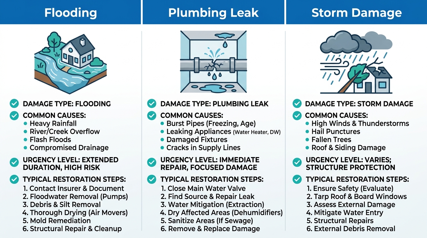 Infographic comparing three Nashville water damage scenarios: flooding, plumbing leaks, and storm damage, with icons for causes, urgency, and restoration steps.