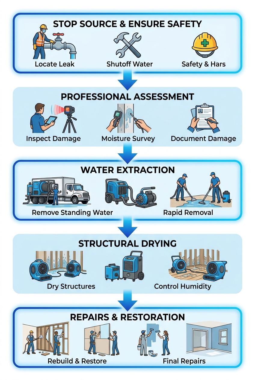 Five-step vertical diagram showing emergency water extraction and restoration process: Stop Source, Assessment, Water Extraction, Structural Drying, Repairs, with icons and arrows on blue gradient background.