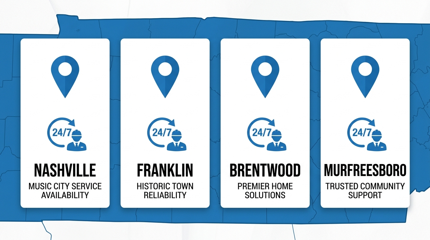 Infographic showing Champion Restoration Group's service area in Middle Tennessee with four highlighted cities Nashville, Franklin, Brentwood, and Murfreesboro, each marked with a map pin and icon for 24/7 availability and local expertise on a blue-and-white map background.