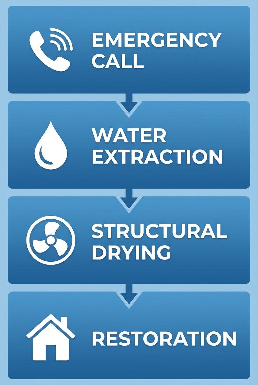 Vertical process flow diagram showing four steps of emergency water damage restoration: Emergency Call, Water Extraction, Structural Drying, and Restoration.