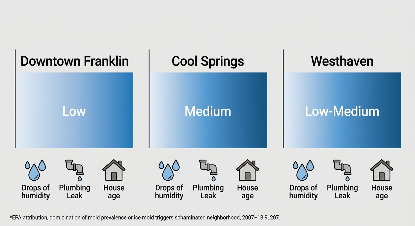 Horizontal bar chart comparing mold prevalence levels (Low, Medium, Low-Medium) across Downtown Franklin, Cool Springs, and Westhaven, with icons for common triggers below each bar and EPA attribution footnote.