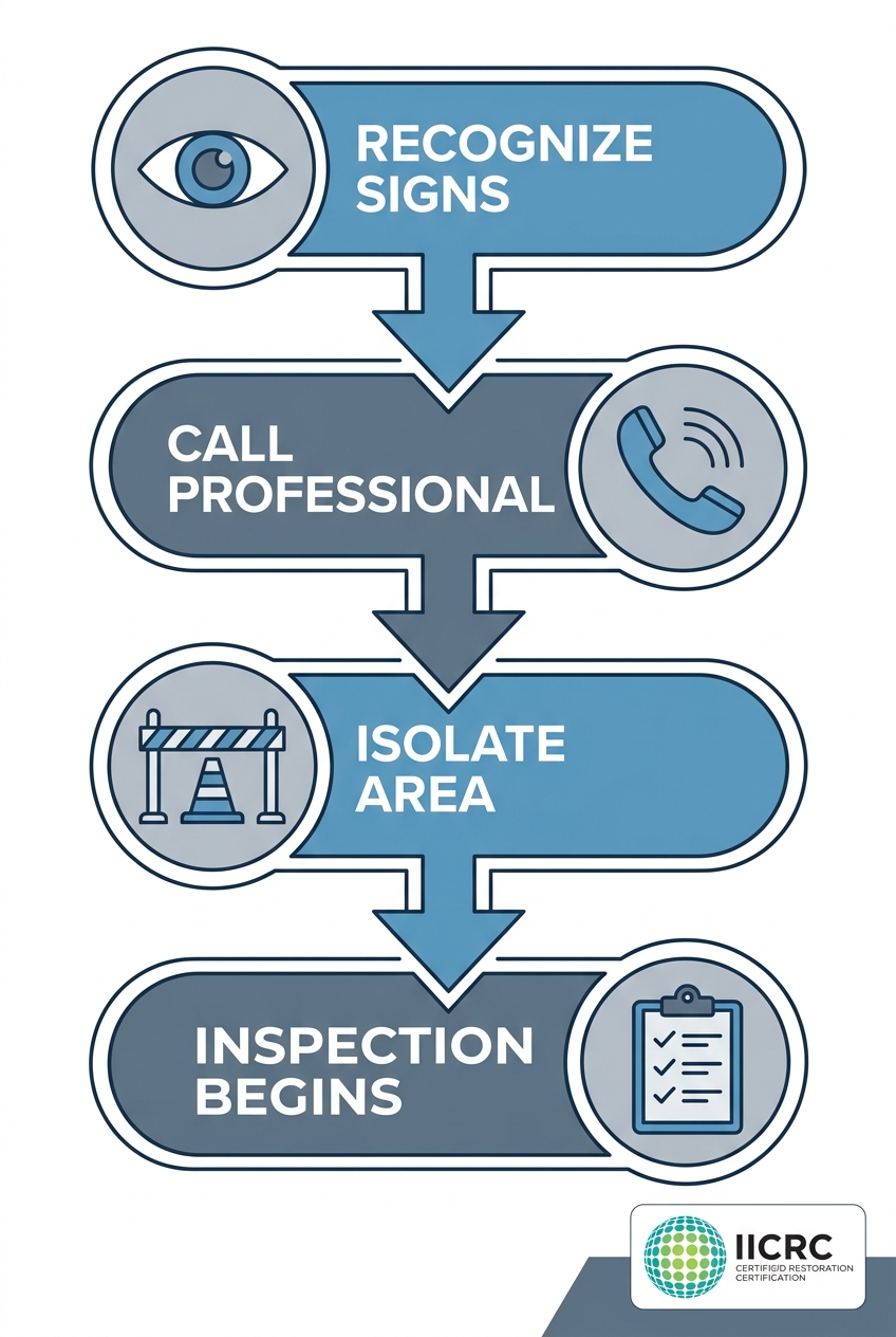 Four-step vertical process flow for mold remediation: Recognize Signs, Call a Professional, Isolate the Area, and Inspection Begins, with an IICRC badge, in calming blue and gray tones.