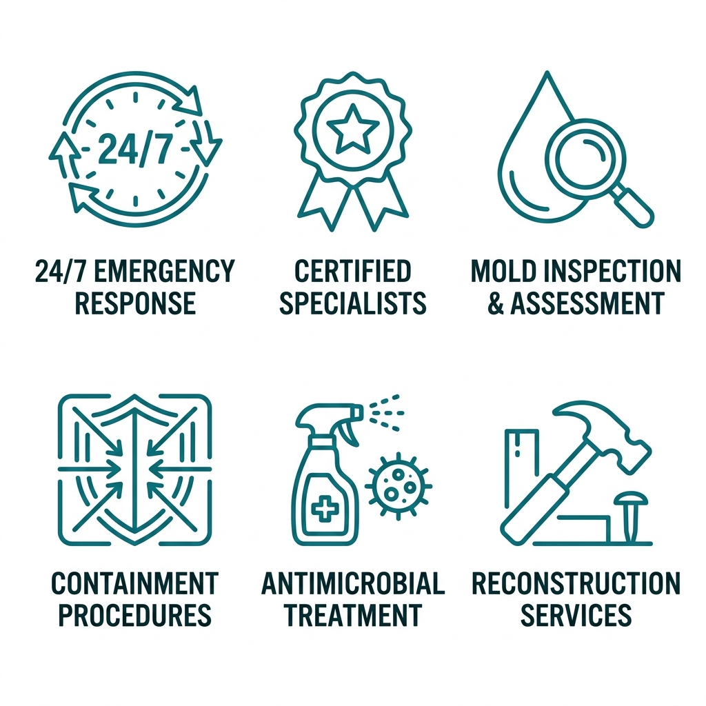 Set of six icons in a 2x3 grid representing Champion Restoration Group mold remediation services: emergency response, certification, inspection, containment, antimicrobial treatment, and reconstruction, each with teal outline style on white.