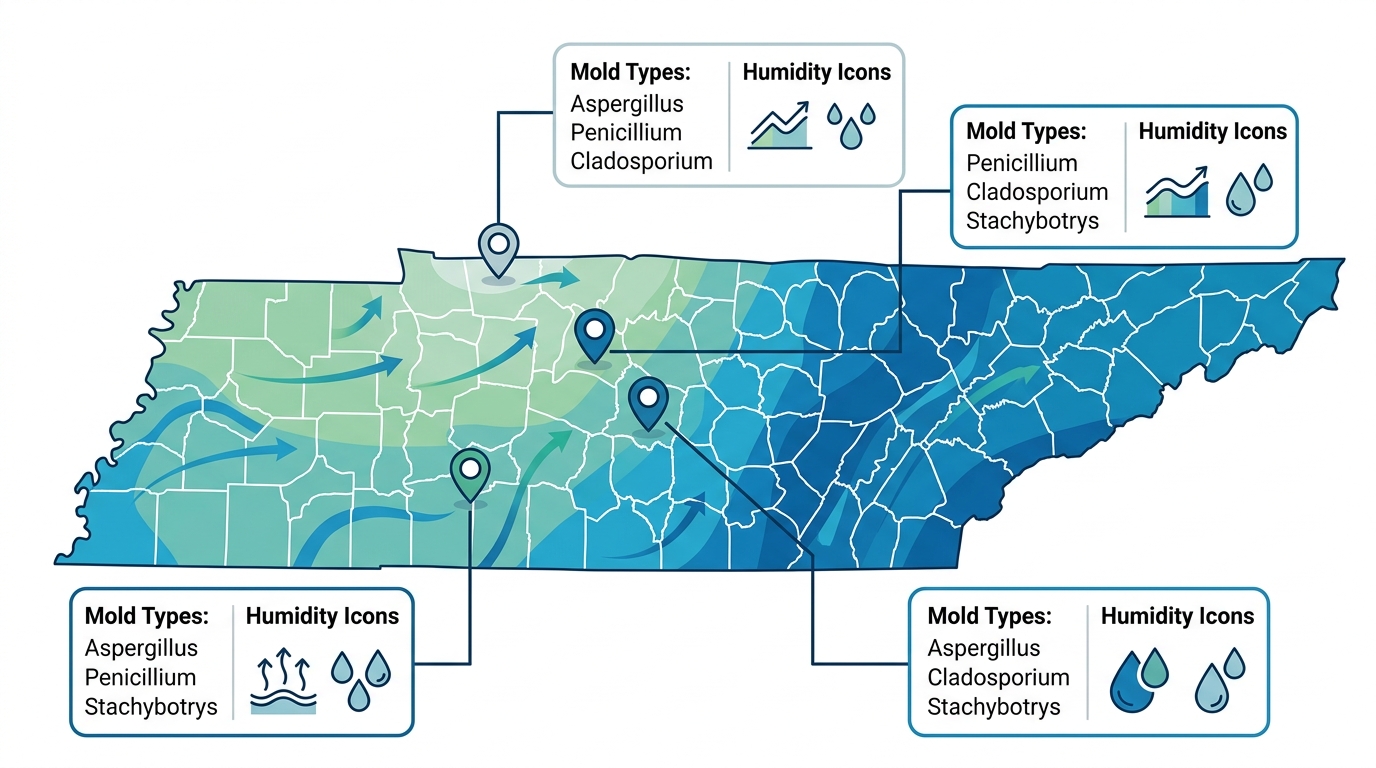 Stylized map of Middle Tennessee with location markers for Nashville, Franklin, Brentwood, and Murfreesboro, linked to boxes listing common mold types and humidity icons in a blue and green infographic.