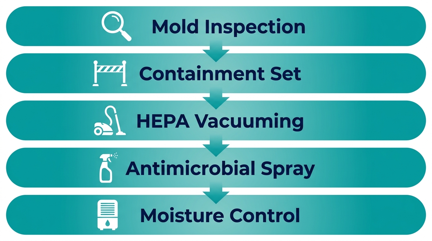 Vertical process flow diagram with five stages of mold remediation: Mold Inspection, Containment, HEPA Vacuuming, Antimicrobial Treatment, and Moisture Control.