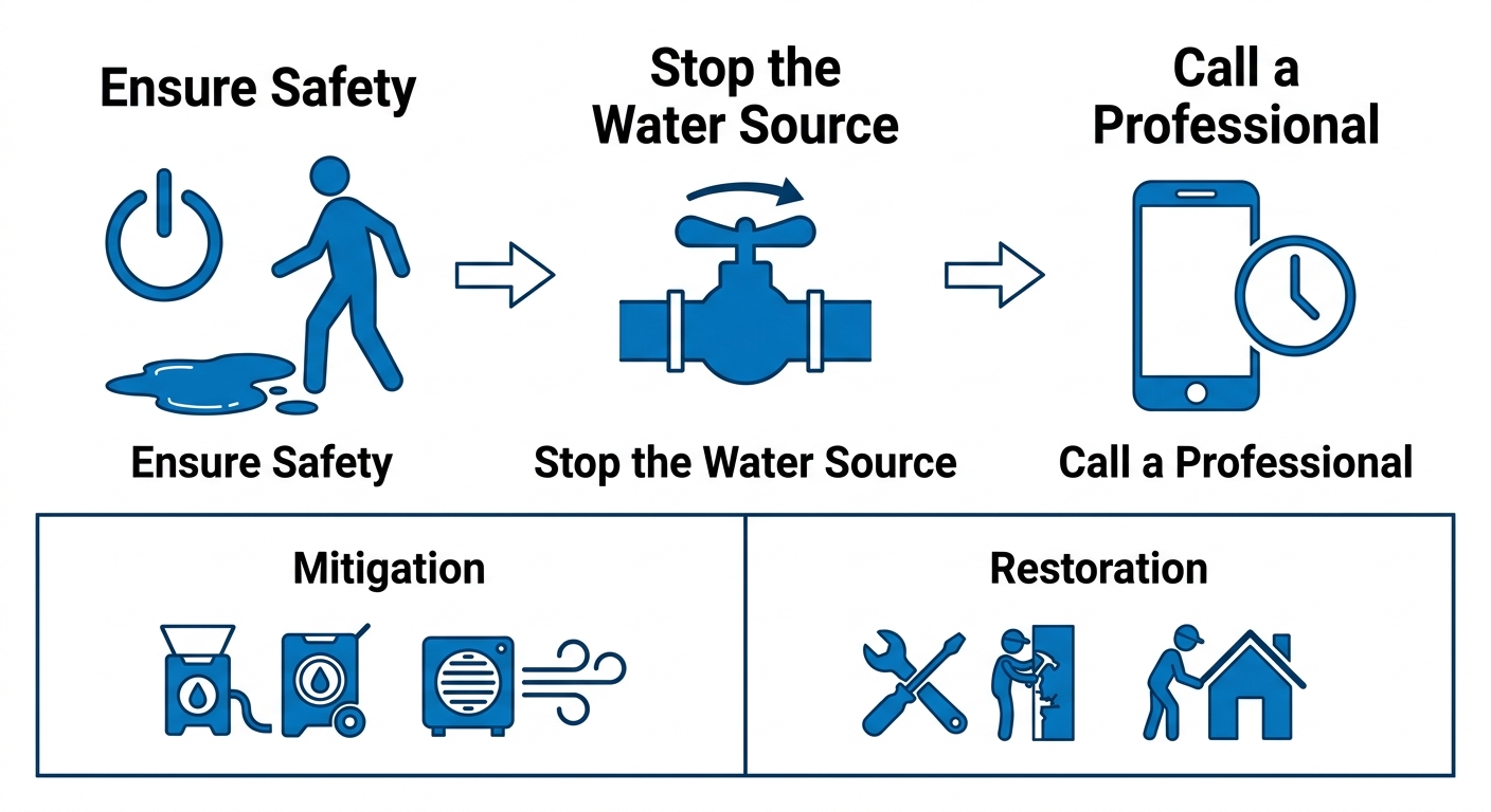 3-step horizontal process flow for water damage response: Ensure Safety, Stop the Water Source, Call a Professional, with a second row showing Mitigation and Restoration stages at Champion Restoration Group.