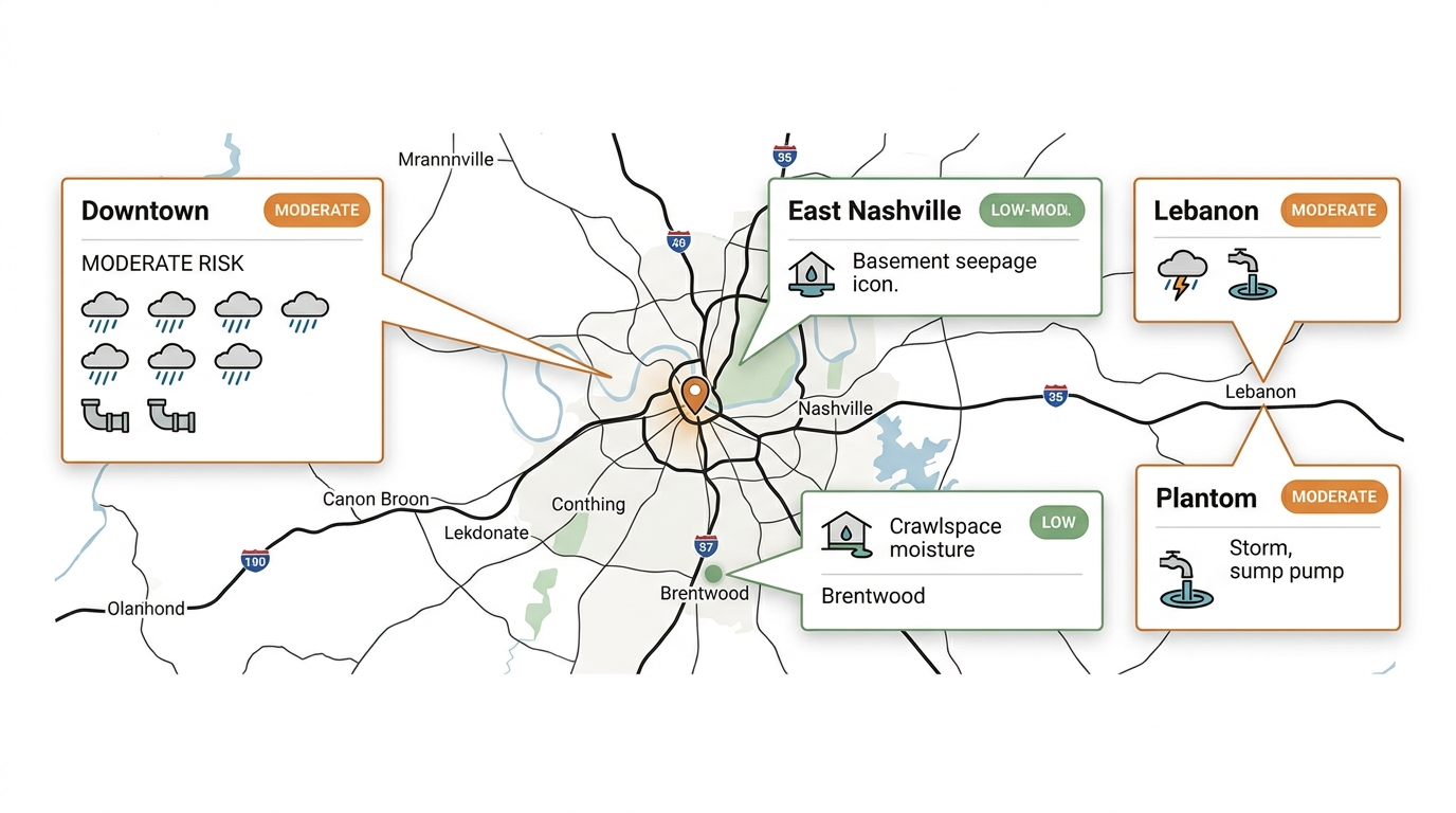 Nashville area water damage risk map with four neighborhood callouts: Downtown (moderate risk with rain and pipe symbols), East Nashville (low-moderate with basement seepage icon), Brentwood (low with crawlspace moisture icon), and Lebanon (moderate with storm and sump pump symbols). Risk levels color-coded orange and green on white background.