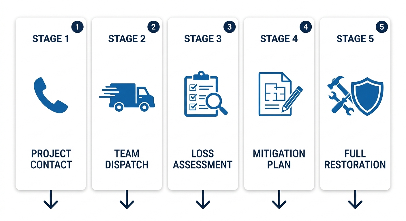 Vertical process flow diagram showing five steps to begin a restoration project with Champion Restoration Group: Contact, Dispatch, Assessment, Plan, and Restore. Each step is represented by an icon and connected by downward arrows in a professional blue and white color scheme.