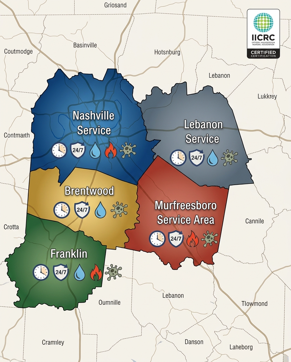 Infographic map of Middle Tennessee highlighting five service areas: Nashville, Franklin, Brentwood, Lebanon, and Murfreesboro, each with icons representing response time, 24/7 availability, and restoration services like water extraction, fire reconstruction, and mold remediation, plus an IICRC certification badge.