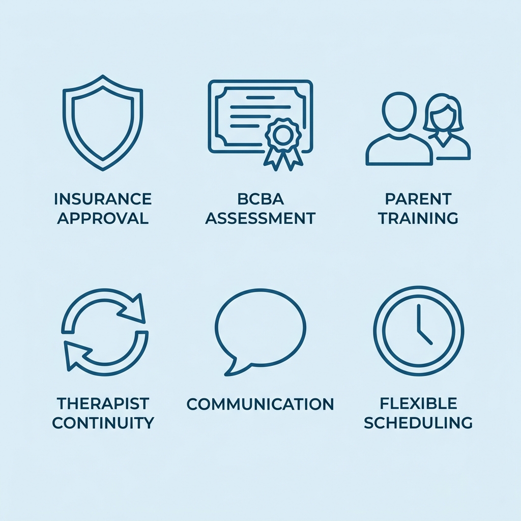 Grid of 6 outline icons representing ABA provider checklist features: insurance approval, BCBA assessment, parent training, therapist continuity, direct communication, and flexible scheduling