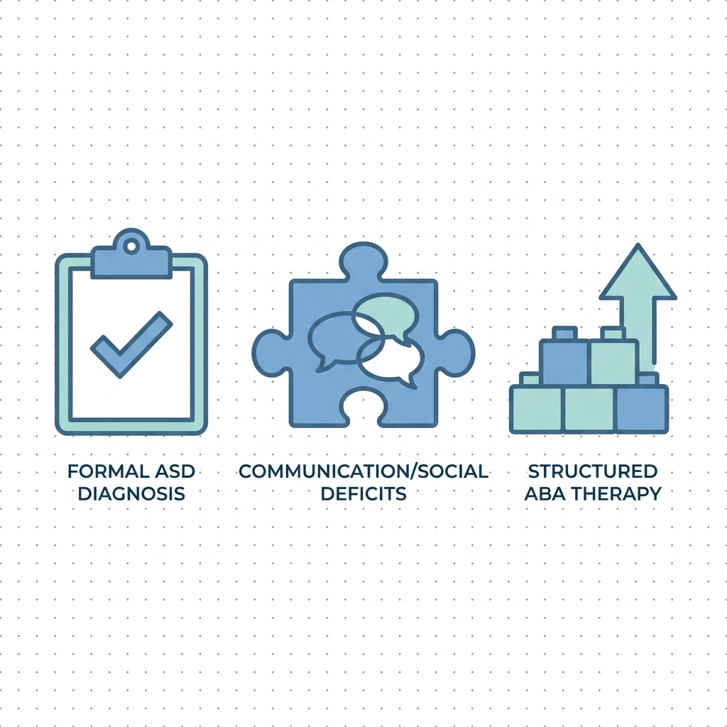 Three flat icons representing medical necessity criteria for ABA therapy in North Carolina: a clipboard, a puzzle piece with speech bubbles, and building blocks with an arrow