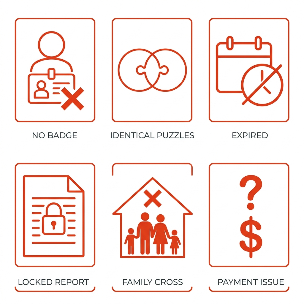 Grid of six red-orange warning icons with labels for ABA therapy red flags including no BCBA supervision, generic program, long waitlist, no progress data, no parent training, and unclear billing.