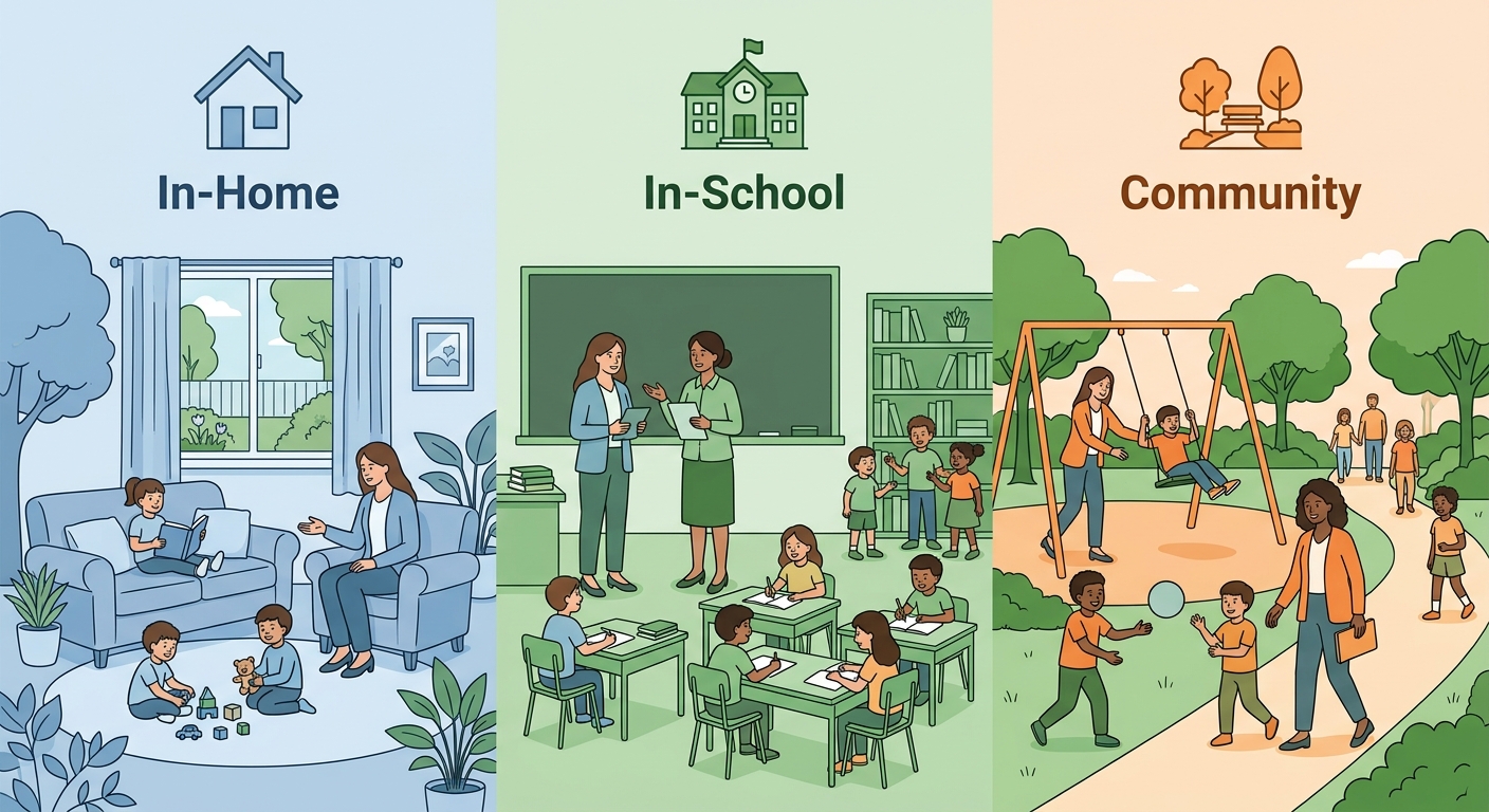 Three panel infographic showing YES ABA therapy settings: in-home therapy with family involvement, in-school therapy with teacher collaboration, and community-based therapy for real-world skill practice