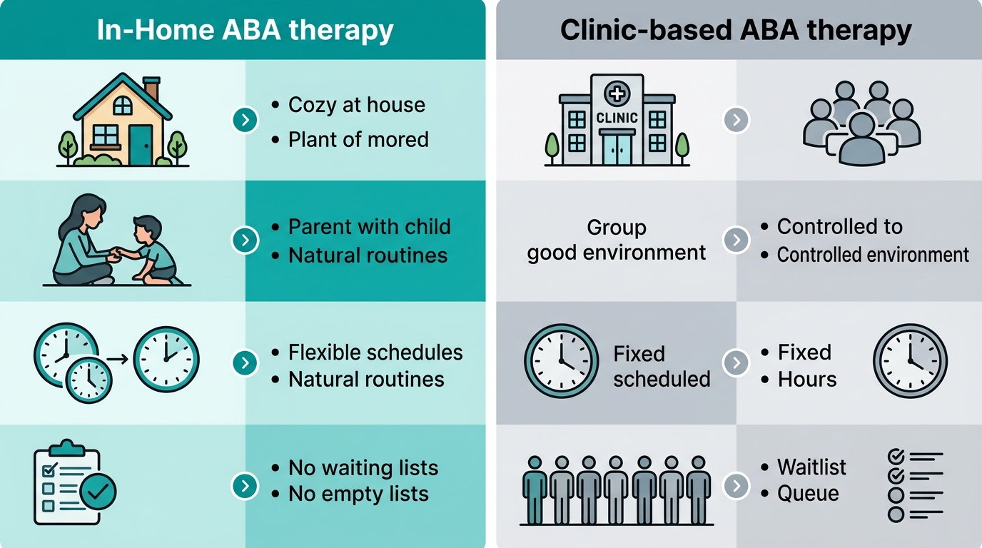 Side-by-side comparison infographic showing in-home ABA therapy versus clinic-based ABA therapy in Charlotte, North Carolina with icons and bullet contrasts for each setting