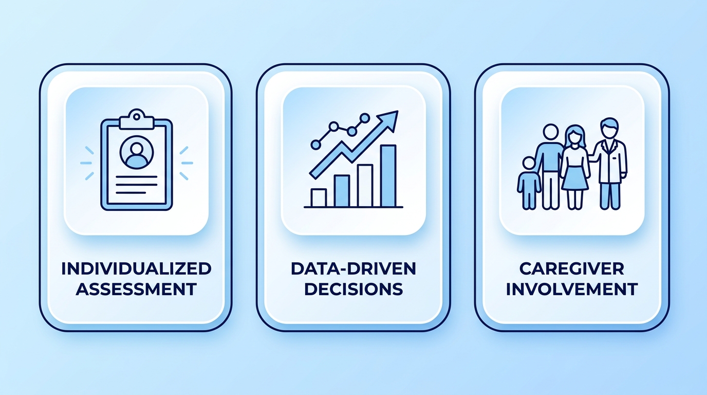 Three-column infographic showing individualized assessment, data-driven decisions, and caregiver involvement for ABA therapy