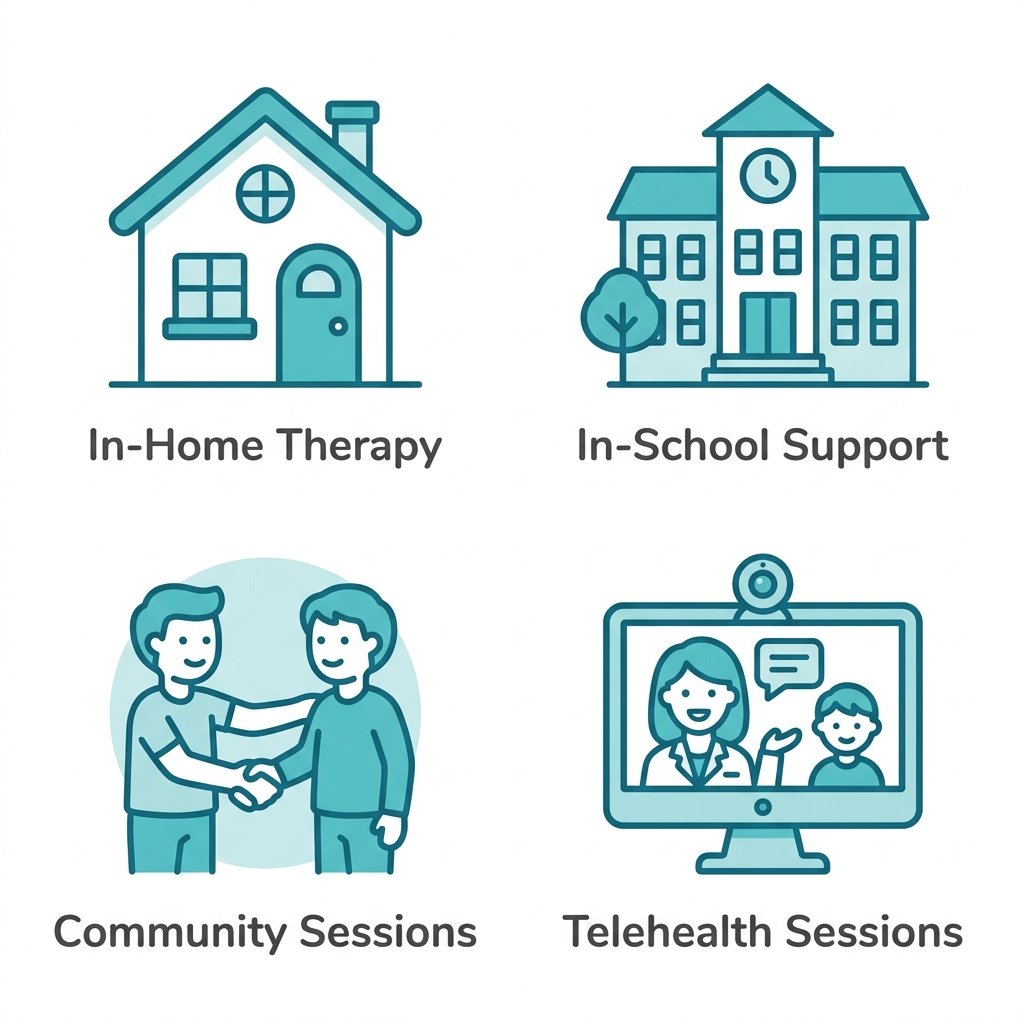 Four icons arranged in a 2 by 2 grid showing ABA therapy delivery options including in-home therapy with a house icon, in-school support with a school building icon, community-based sessions with a handshake icon, and telehealth with a video screen icon, all in friendly teal outline style on a white background